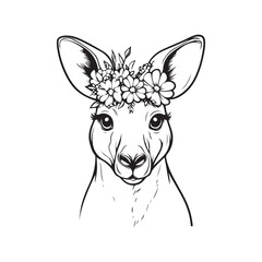 Cute Kangaroo with Floral Crown &ndash; Hand-Drawn Wildlife Line Art Illustration