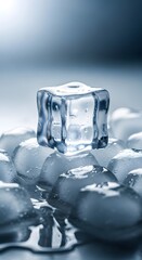 A close-up photograph of a single ice cube resting on a bed of melting ice cubes under soft lighting, highlighting the transparency and texture of the frozen water