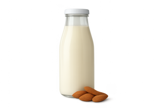 Almond milk in glass bottle with almonds
