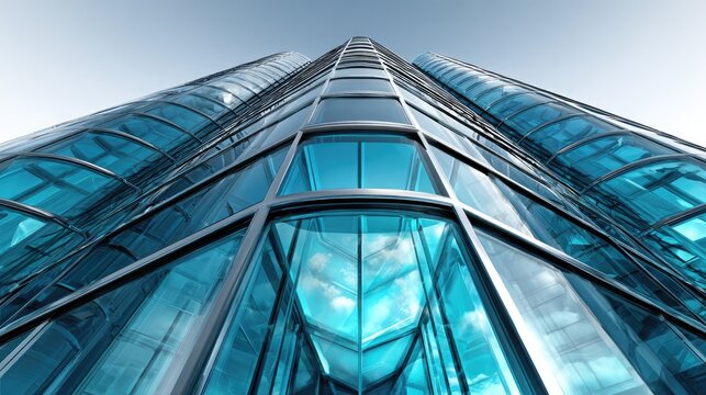 Towering Architecture in the Sky: A modern skyscraper soars into the sky. Its facade of sleek, reflective glass shimmers with shades of blue and captures the essence of progress and innovation.