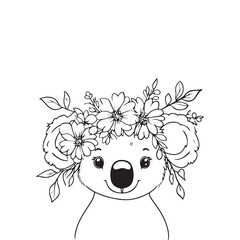 Hand-Drawn Cute Koala with Floral Crown &ndash; Adorable Wildlife Illustration