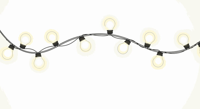 A string of glowing yellow incandescent light bulbs on a black wire against a plain white background.