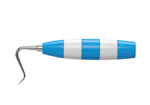Blue and white striped dental scaler tool with curved tip isolated on transparent background