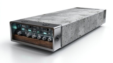 Radio Vintage Instrument: A unique vintage radio, blending concrete and wooden elements, showcased with illuminated display. Reflecting on a harmonious intersection of vintage and modernity.