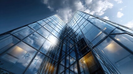 Skyward Gaze: A modern glass skyscraper pierces the sky, its reflective surface mirroring the clouds above and hinting at the dynamism of a thriving city. 