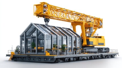 Modern Construction: An industrial crane delicately lifts a contemporary glass house. This image speaks to innovation, efficiency, and the future of architecture. 