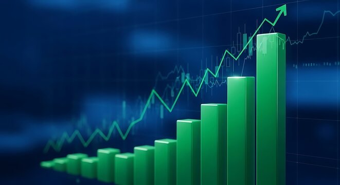 Financial growth chart displaying an upward trend with glowing green bars and a rising line graph, symbolizing market success, investment prosperity, and economic development