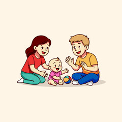 Family illustration mother, father, and baby playing together