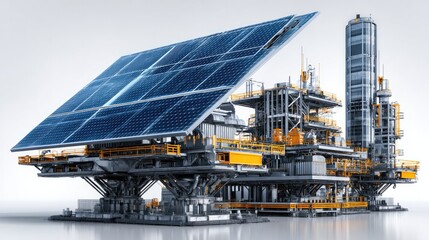 Offshore Energy Platform: An intricate offshore platform, empowered by solar energy, signifying sustainable resource management and renewable energy innovation. 