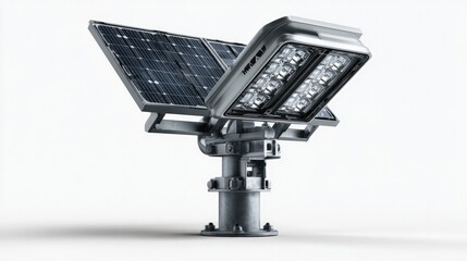 Solar-Powered Light Fixture: A sleek, modern light fixture, powered by solar energy, showcasing innovation in sustainable lighting. The design highlights the integration of solar panels.
