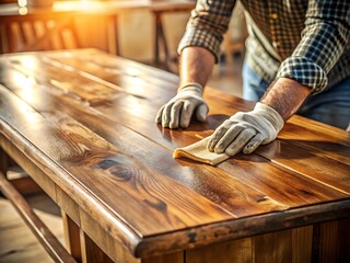 Craftsman applying varnish on a wooden table top