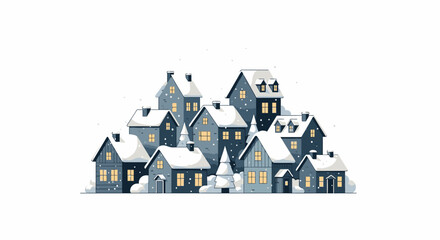 Illustration of a snow-covered village with houses and trees.