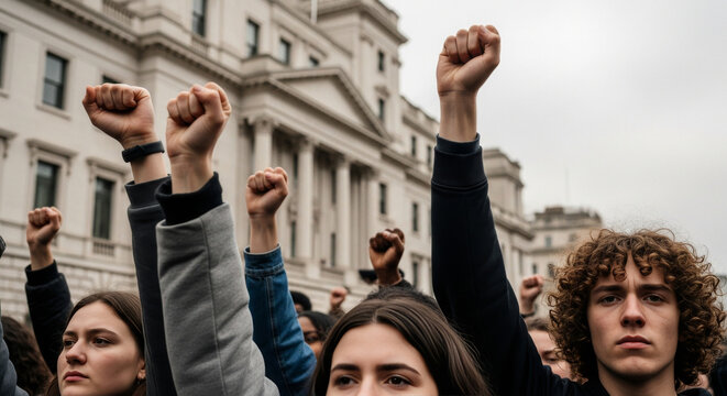 A diverse group raises fists in a powerful protest outside a grand government building under a cloudy sky, symbolizing resistance and the fight for change.