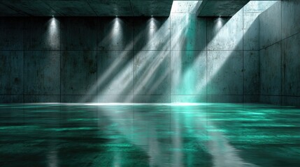 Industrial Serenity: Dramatic beams of light cascade into a stark, empty industrial space, illuminating the textured concrete and creating a mesmerizing play of light and shadow.