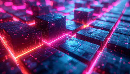 Digital Cubes: Futuristic abstract rendering, showing interconnected digital cubes emitting a vibrant and mesmerizing glow of energy