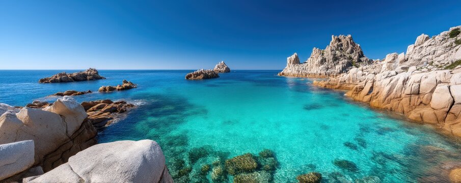 Vista Coastline Natural wonder concept. Serene turquoise ocean with rocky coastline under a clear blue sky.