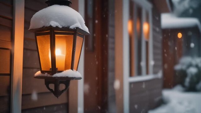 Cozy outdoor lantern glowing warmly with a flickering candle flame, illuminating a snowy winter evening scene by a wooden house