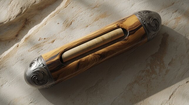 Mezuzah case, intricately designed from oxidized silver and ancient olive wood, containing a miniature scroll that emits a soft, protective aura