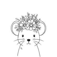 Cute Mouse Illustration with Floral Crown &ndash; Hand-Drawn Woodland Animal Art