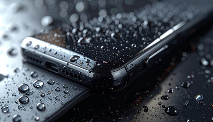 Waterproof Technology: A close-up shot captures a sleek, modern device showcasing its waterproof feature, with water droplets glistening on its surface.