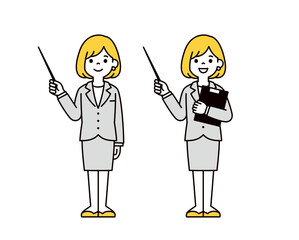 指示棒を持って説明する、スーツを着た若いビジネスウーマン・OLの全身ベクターイラスト素材