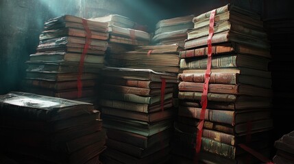 Stacks of official customs ledgers, bound in faded leather and red tape, piled high in a dusty, forgotten archive room, atmospheric lighting