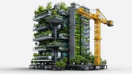 Green Skyscraper's Ascent: A modern green skyscraper is under construction, it has a lush vertical garden, with a construction crane overseeing the progress.