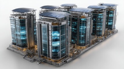 Modern Architectural Marvel: Captivating a cluster of sleek, futuristic buildings and contemporary architectural design with energy-efficient solar panels.