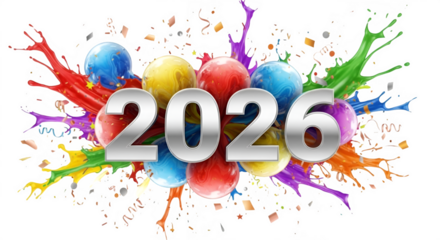 Vibrant explosion of colors and balloons celebrating the arrival of the year 2026