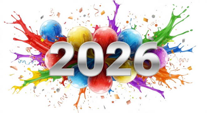 Vibrant explosion of colors and balloons celebrating the arrival of the year 2026