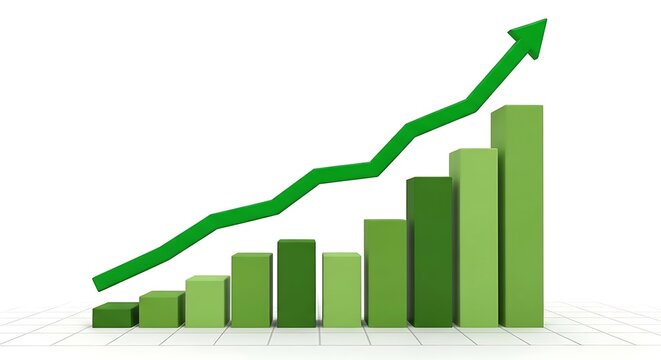 Green bar chart with upward trending arrow representing growth and success