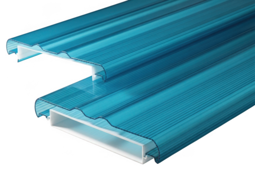 Close up of blue corrugated plastic material isolated on transparent background