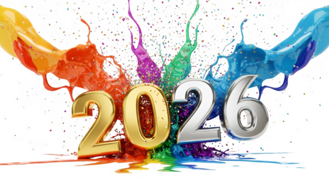 Vibrant rainbow paint splashes exploding around golden and silver 2026 numbers on black background