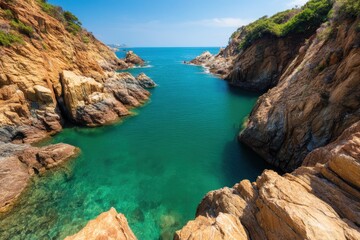 Vista Coastline Natural wonder concept. Scenic rocky coastline with clear turquoise water.
