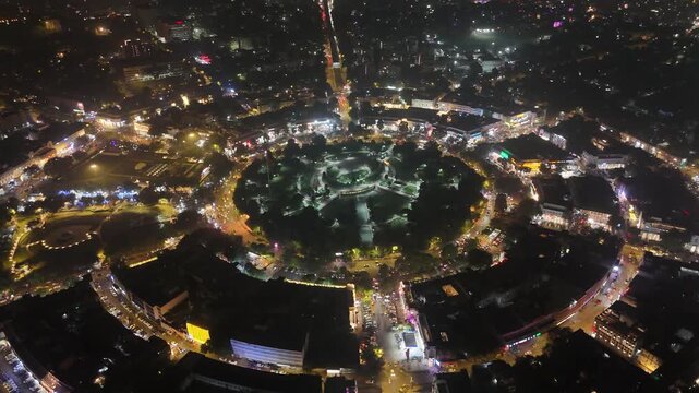Aerial drone shot of Connaught Place in New Delhi, India