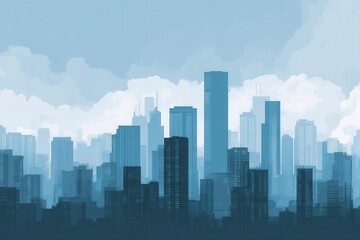 Fototapeta premium Cityscape Skyline Illustration with Blue Buildings and Clouds