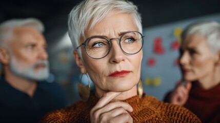 Reflective discussion among seniors in a modern workspace group dynamics emotional intelligence thoughtful environment