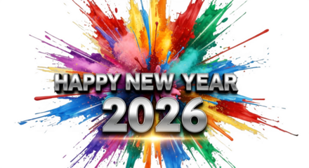 Vibrant explosion of colorful powder paint with happy new year 2026 text on black background