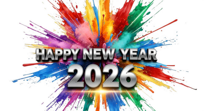 Vibrant explosion of colorful powder paint with happy new year 2026 text on black background