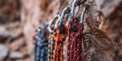 Climbing Ropes and Carabiners on Rocky Surface