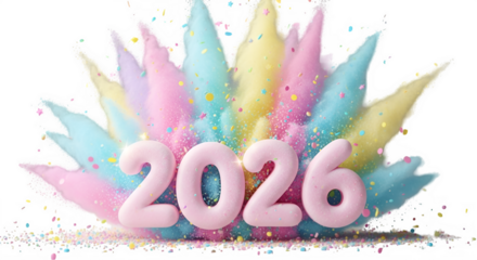 Bright and colorful 2026 numbers exploding with powder against a black background