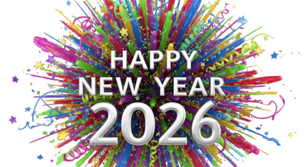 Vibrant and explosive happy new year 2026 celebration with colorful confetti and streamers against a dark background