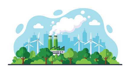 Flat vector illustration of eco factory with clean vapor chimneys, trees, wind turbines, and sustainability icons. Solid colors only, no gradients, emission-free industrial concept