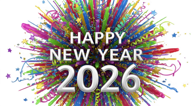 Vibrant and explosive happy new year 2026 celebration with colorful confetti and streamers against a dark background