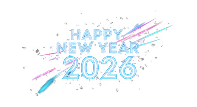 Happy new year 2026 with colorful exploding fireworks and confetti on a dark background