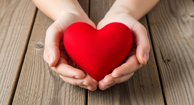 Close up shot of a red heart held in human hands on a rustic wooden background, symbolizing love, care, and support. Represents giving, affection, and romantic feelings.