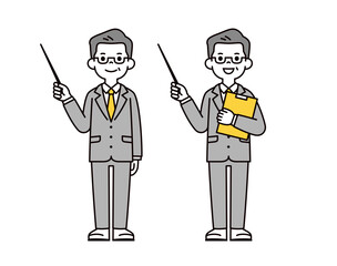 指示棒を持って説明する、スーツを着たミドル世代のビジネスマンの全身ベクターイラスト素材