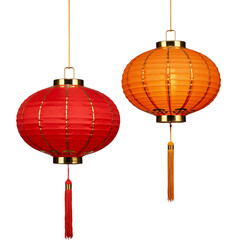 Obraz premium Two glowing chinese lanterns red and orange illuminated against a dark setting isolated on transparent background