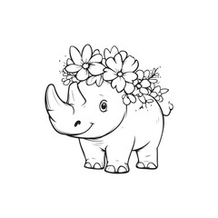 Cute Rhino Illustration with Floral Crown &ndash; Adorable Hand-Drawn Animal Art