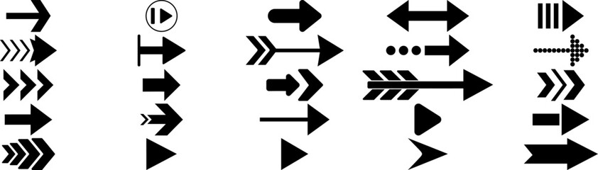  Diverse Black Vector Arrow Icon Set with Media Controls and Chevrons